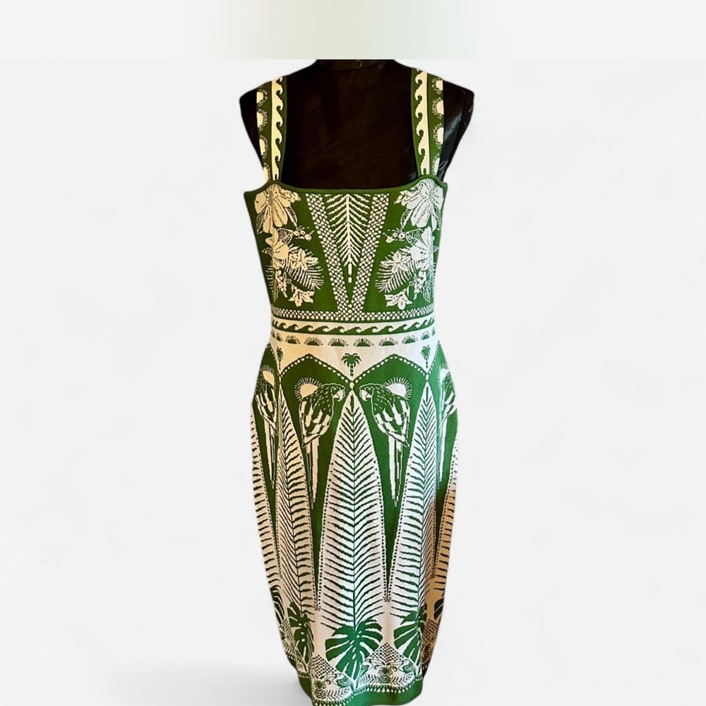 FARM Rio knitted Green and cream Leaf Print Midi Dress